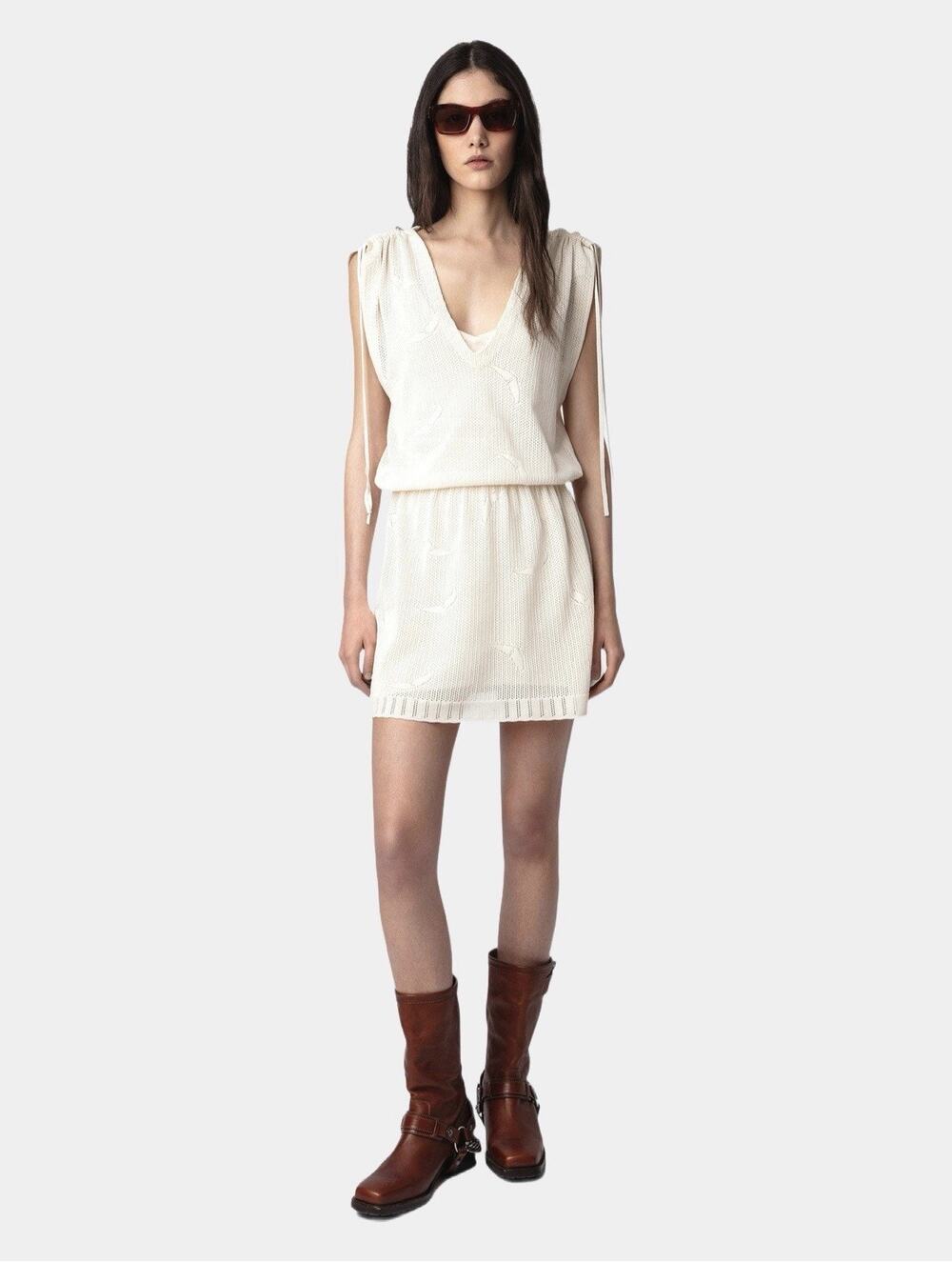 NWT $498 Zadig & Voltaire Alanis Dentelle Ecru Tie Shoulder Dress Sz M|L